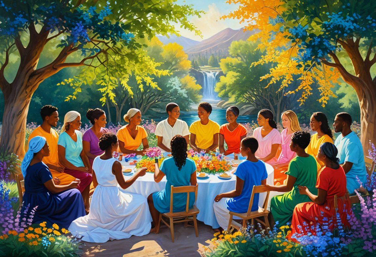 A peaceful community gathering in a serene outdoor setting, with diverse individuals engaging in supportive conversations, surrounded by blossoming flowers and soft sunlight. Include elements symbolizing healing, such as open hands and intertwined vines, representing growth and connection. Evoke a sense of warmth, acceptance, and serenity. painting. vibrant colors. natural scenery.