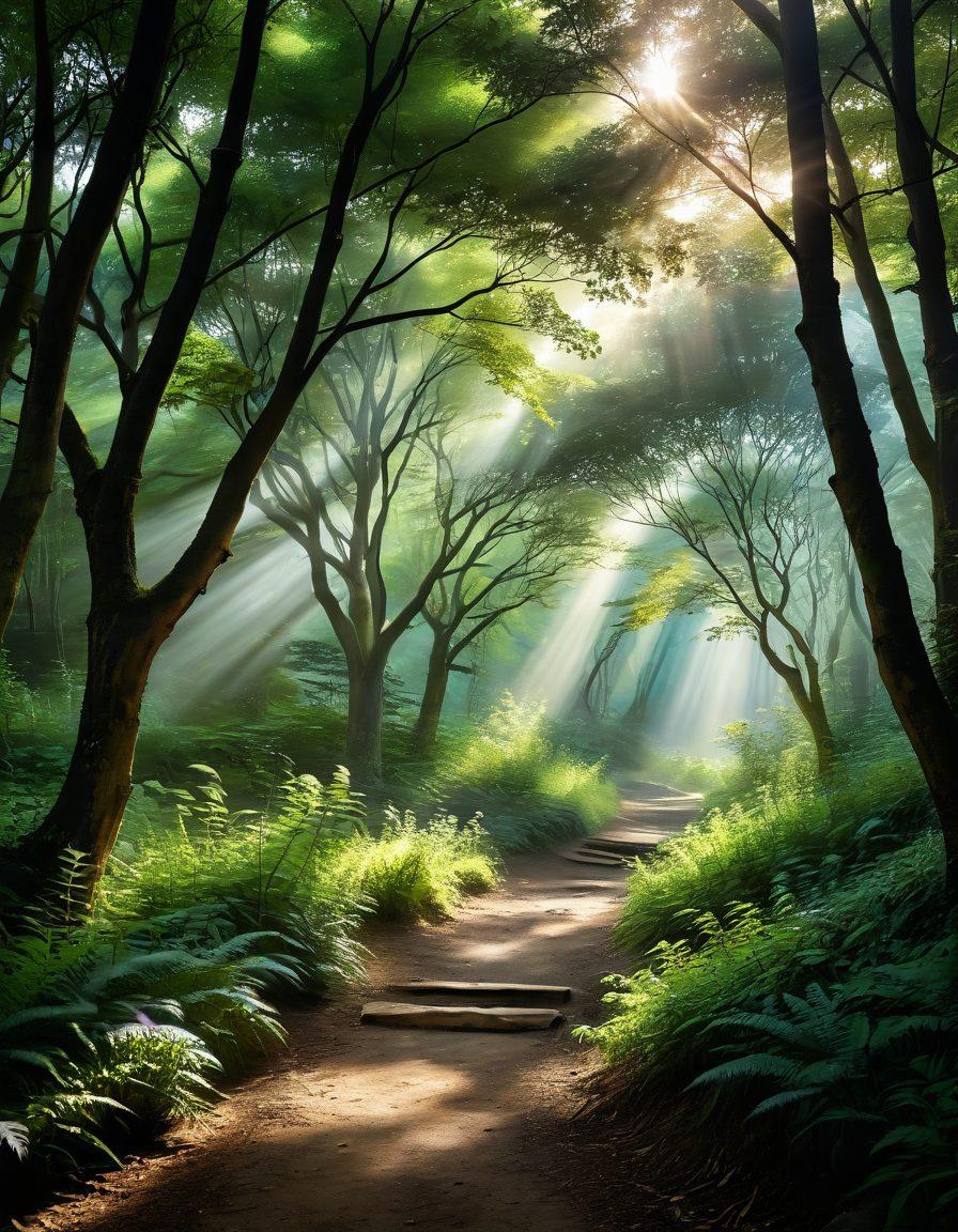 A serene landscape with a winding path through a lush forest, symbolizing a journey. Along the path, ethereal light beams break through the trees, illuminating figures engaging in acts of kindness and sharing wisdom. Include subtle symbols of faith such as doves and sacred texts. The atmosphere is peaceful, evoking reflection and hope. soft focus. vibrant colors. painting.