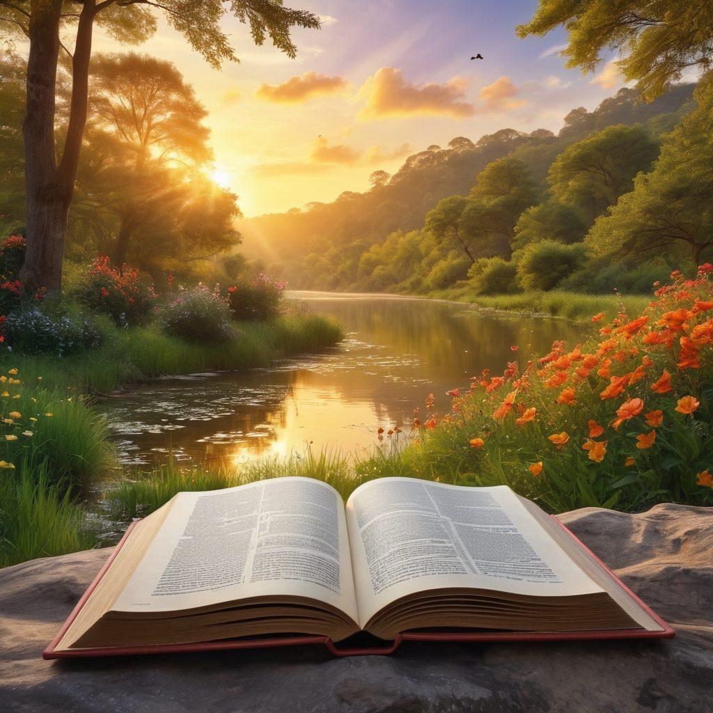 A serene landscape with a winding river symbolizing journey, flanked by lush trees and blooming flowers, representing growth. In the foreground, an open book radiating light, with pages transitioning into butterflies, symbolizing transformation of belief systems. A golden sunrise in the background to evoke hope and spiritual awakening. vibrant colors. super-realistic.